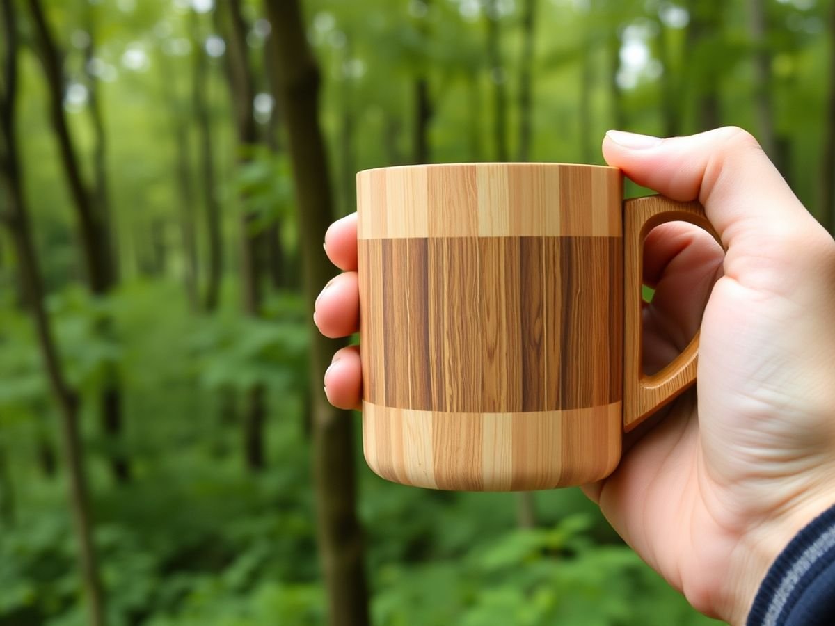 Hand holding eco-friendly bamboo coffee mug