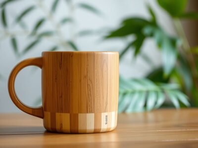 Eco-friendly bamboo coffee mug on wooden table