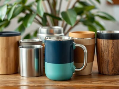 Eco-friendly coffee mugs on a wooden table.