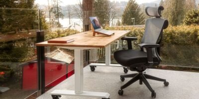 a desk with a laptop on top of it