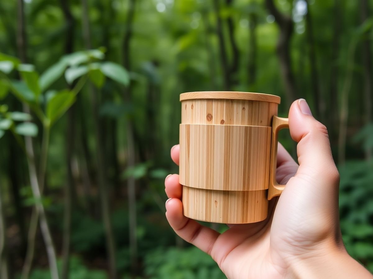 Hand holding bamboo coffee mug in forest