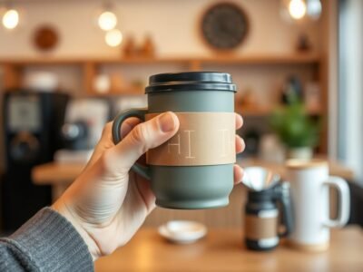 Hand holding eco-friendly coffee mug