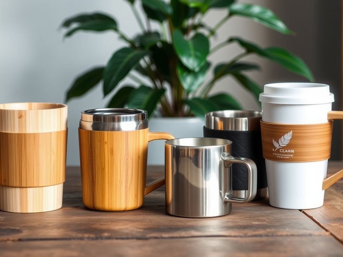 Eco-friendly coffee mugs on a rustic table.