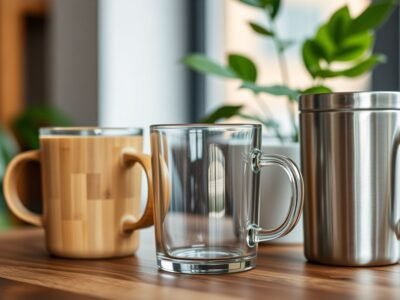 Eco-friendly coffee mugs on a wooden table