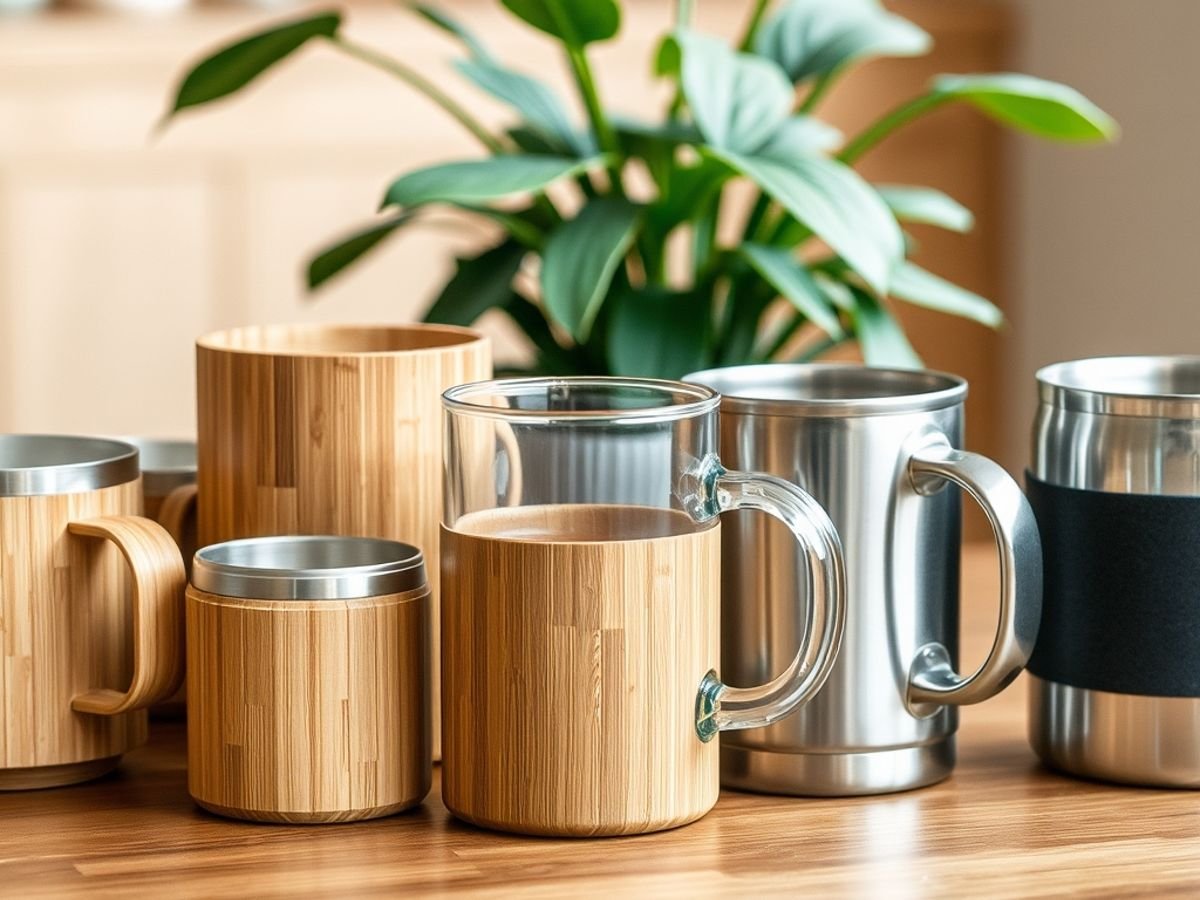 Eco-friendly coffee mugs on a wooden table