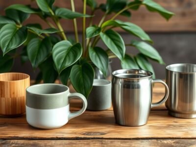 Eco-friendly coffee mugs on a wooden table