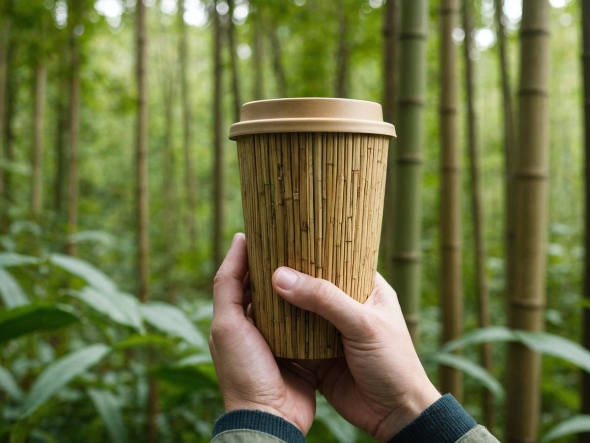 Hand holding bamboo coffee mug in forest