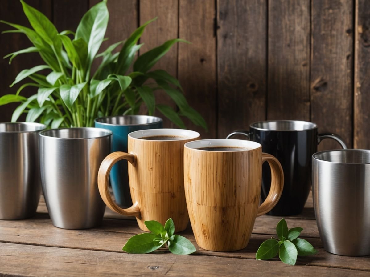 Eco-friendly coffee mugs on a wooden table.