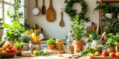 Eco-friendly kitchen with plants and sustainable products.