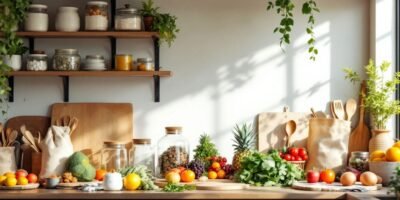 Eco-friendly kitchen with zero-waste essentials and fresh produce.