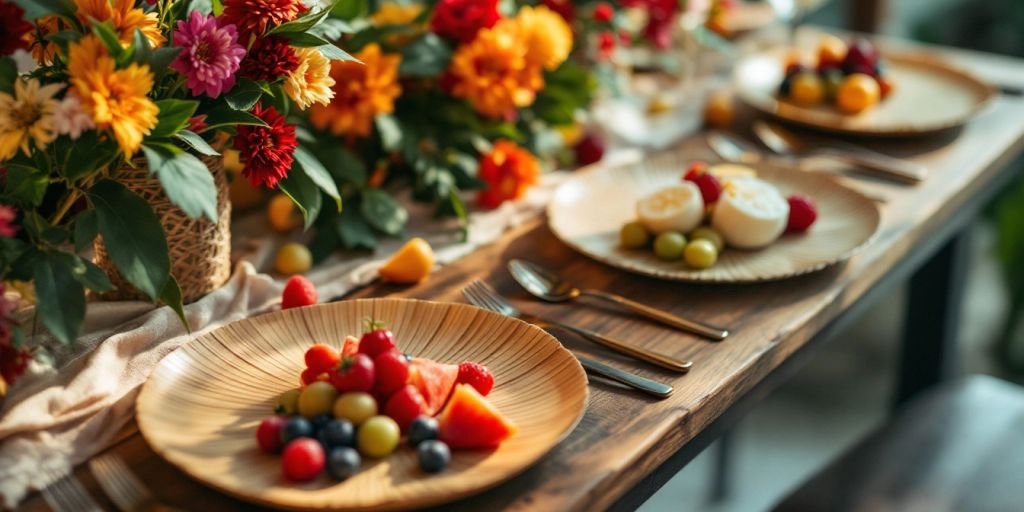 Eco-friendly palm leaf plates with fruits and flowers.