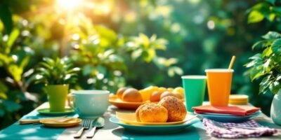 Compostable dinnerware set on a green outdoor table.