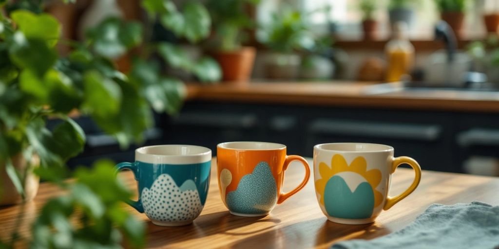 Eco-friendly mugs on a wooden table with plants.