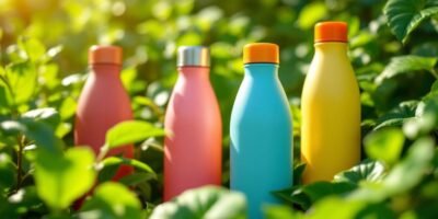 Eco-friendly water bottles among green plants in sunlight.