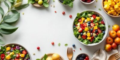 Colorful compostable bowls with fresh salads on a table.