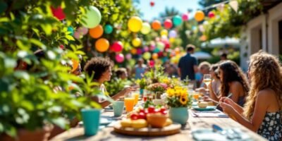 Outdoor eco-friendly party with biodegradable supplies and decorations.