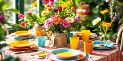 Colourful compostable dinnerware set on a festive table.