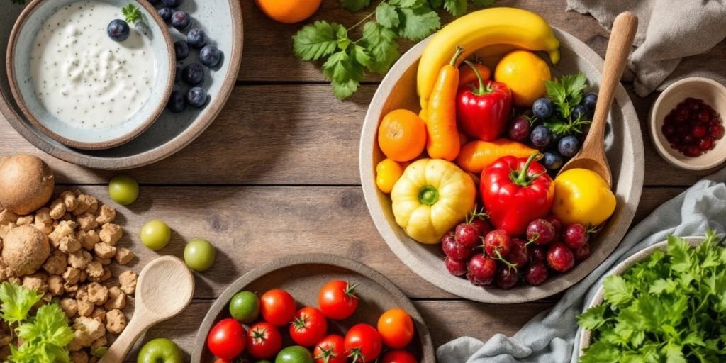 Sustainable bowls and plates with fresh fruits and vegetables.