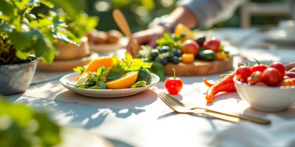 Biodegradable utensils on a colourful dining table.