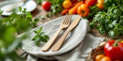 Compostable cutlery on a rustic table with vegetables.