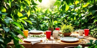 Compostable cutlery on a table surrounded by greenery.