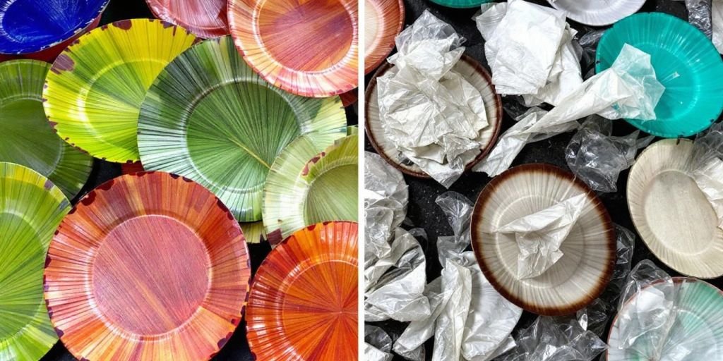 Palm leaf plates next to plastic plates on a table.