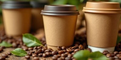 Biodegradable coffee cups with coffee beans and leaves.