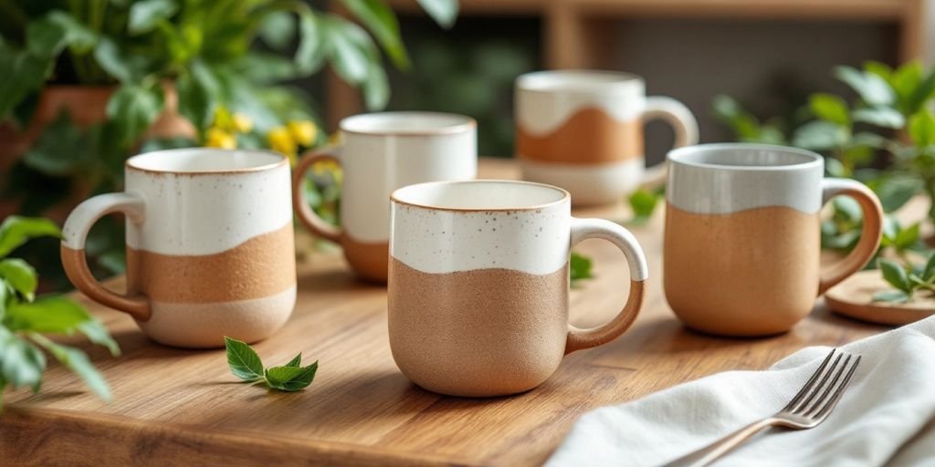 Eco-friendly mugs on a wooden table with greenery.