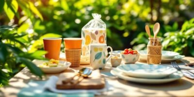 Compostable dinnerware on a table surrounded by greenery.