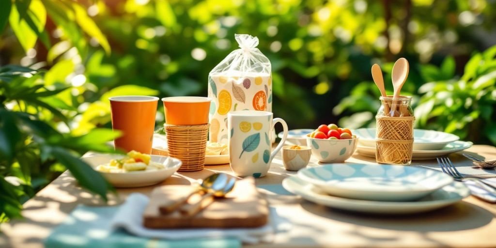 Compostable dinnerware on a table surrounded by greenery.