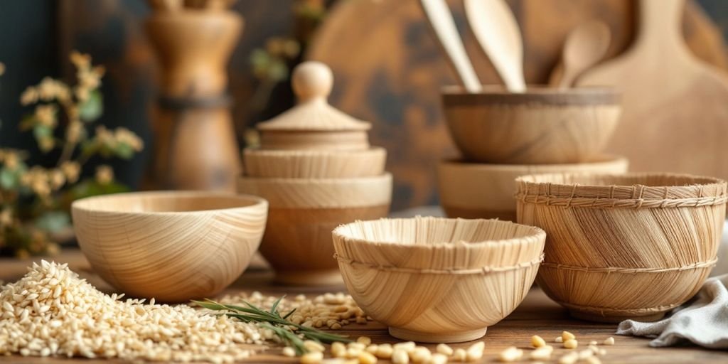 Rice husk kitchenware on a wooden surface.