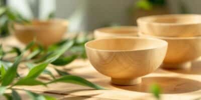 Elegant rice husk bowls on a wooden table with leaves.