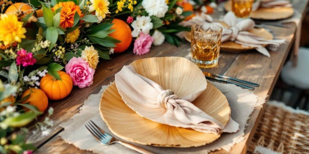 Elegant palm leaf plates arranged on a stylish table.