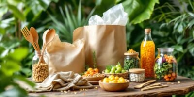 Eco-friendly products on a wooden table with greenery.