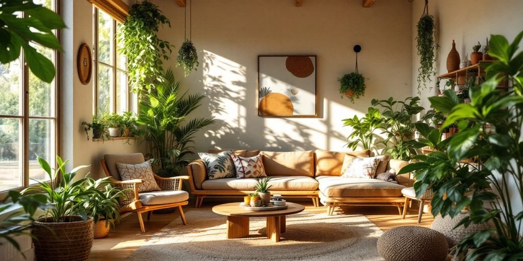 Eco-friendly home interior with plants and natural materials.