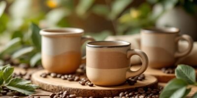 Eco-friendly coffee mugs on a wooden table with greenery.