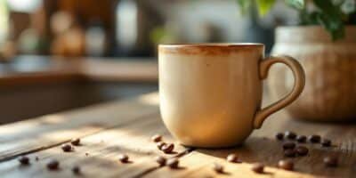 Coffee husk mug on a wooden kitchen table.