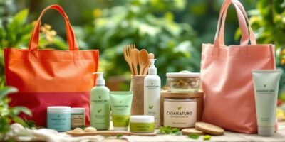 Eco-friendly products arranged on a natural backdrop.