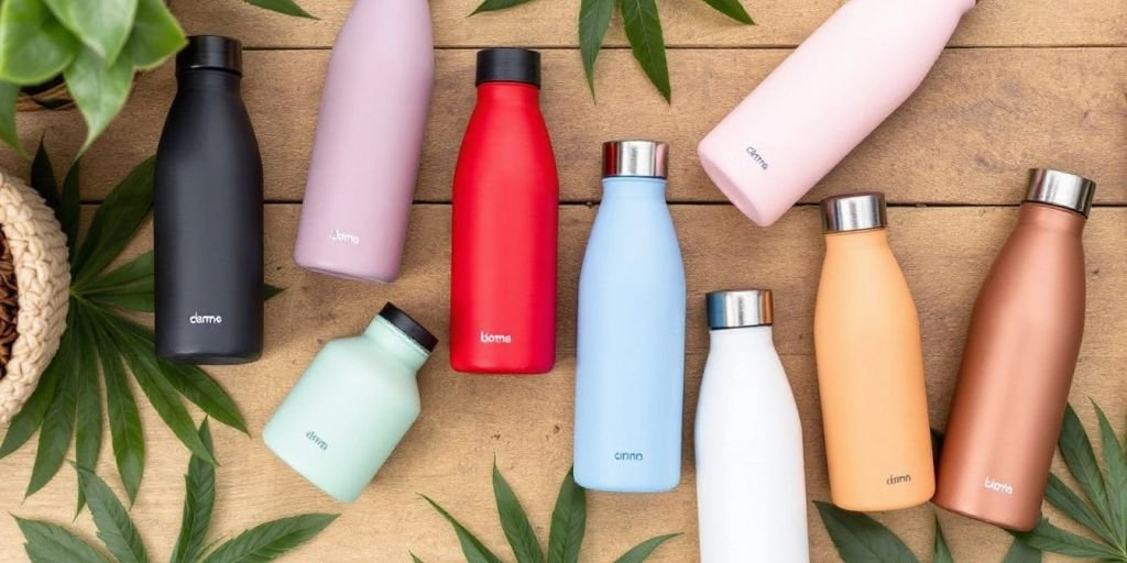 A variety of eco-friendly bottles on a wooden surface.