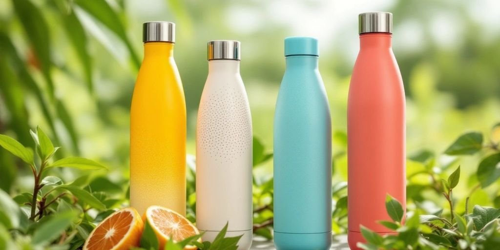 Eco-friendly water bottles in nature, showcasing vibrant designs.