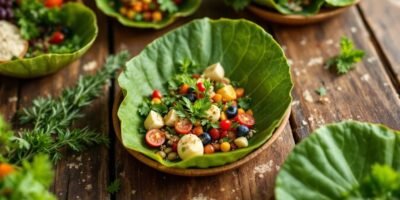 Eco-friendly leaf plates on a wooden table with vegetables.