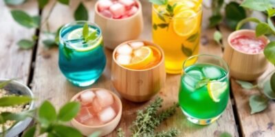 Eco-friendly drinking glasses with colourful beverages and greenery.