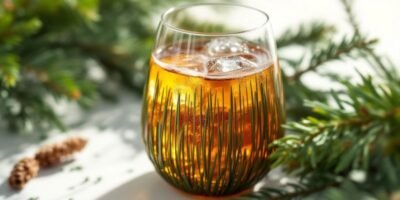 Pine needles wine glass with vibrant beverage and foliage.