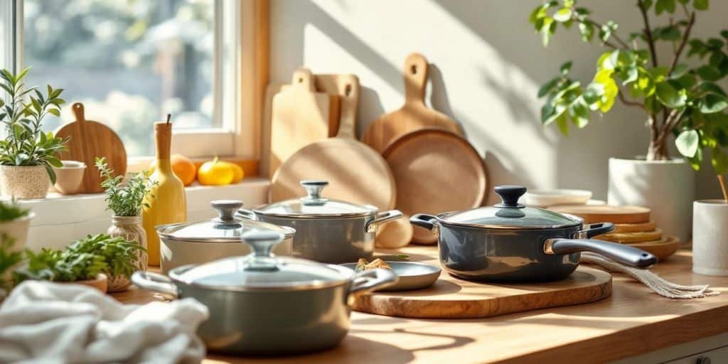 Eco-friendly cookware collection on a wooden countertop.