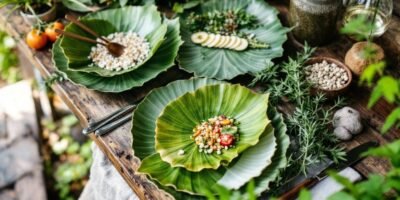 Eco leaf plates on a rustic table with greenery.