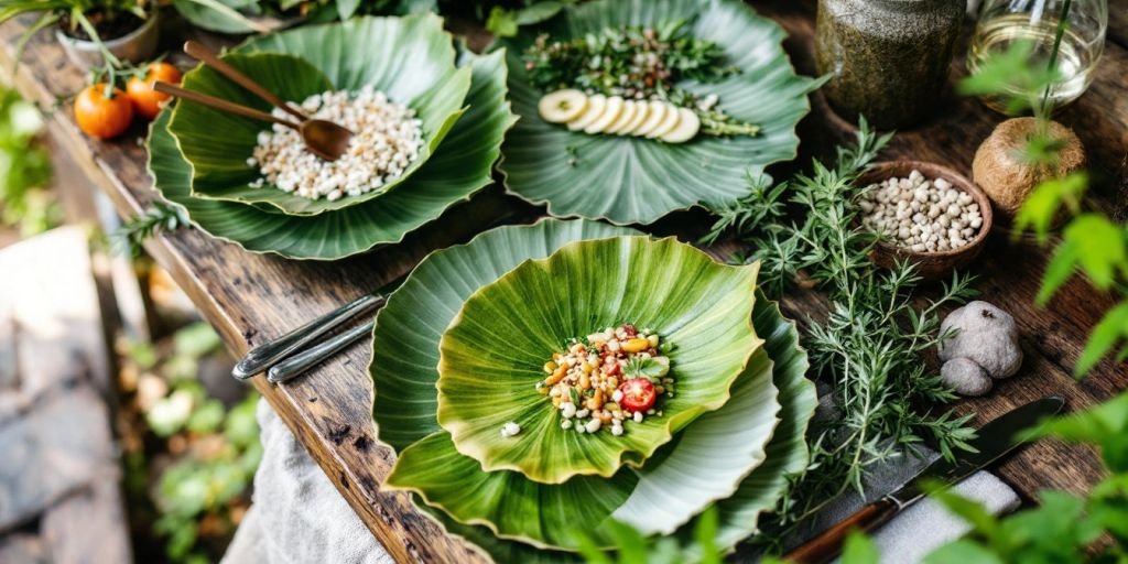 Eco leaf plates on a rustic table with greenery.