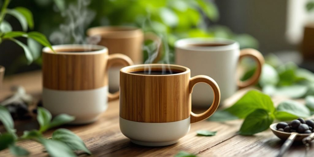 Eco-friendly coffee mugs on a wooden table with plants.