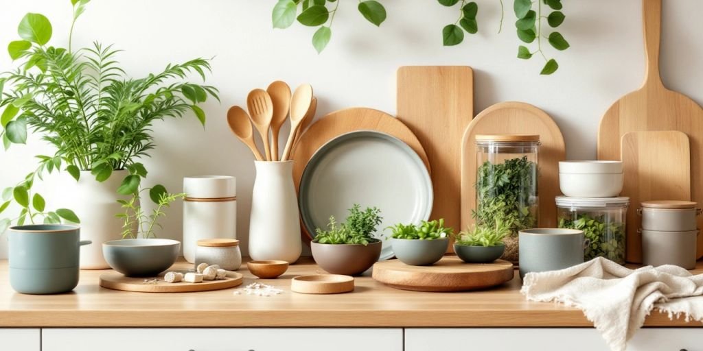 Eco-friendly kitchenware collection on a wooden countertop.