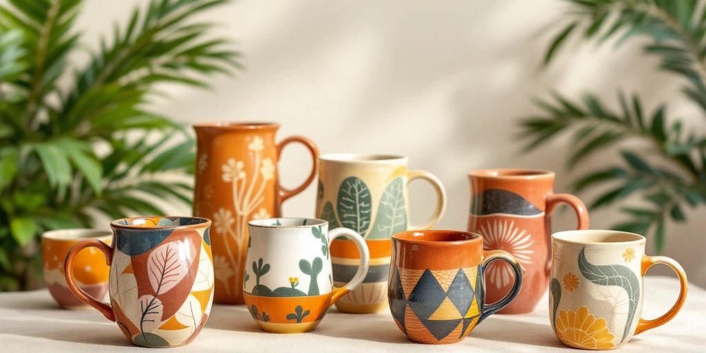 Colorful Casa Naturo mugs with unique patterns and textures.