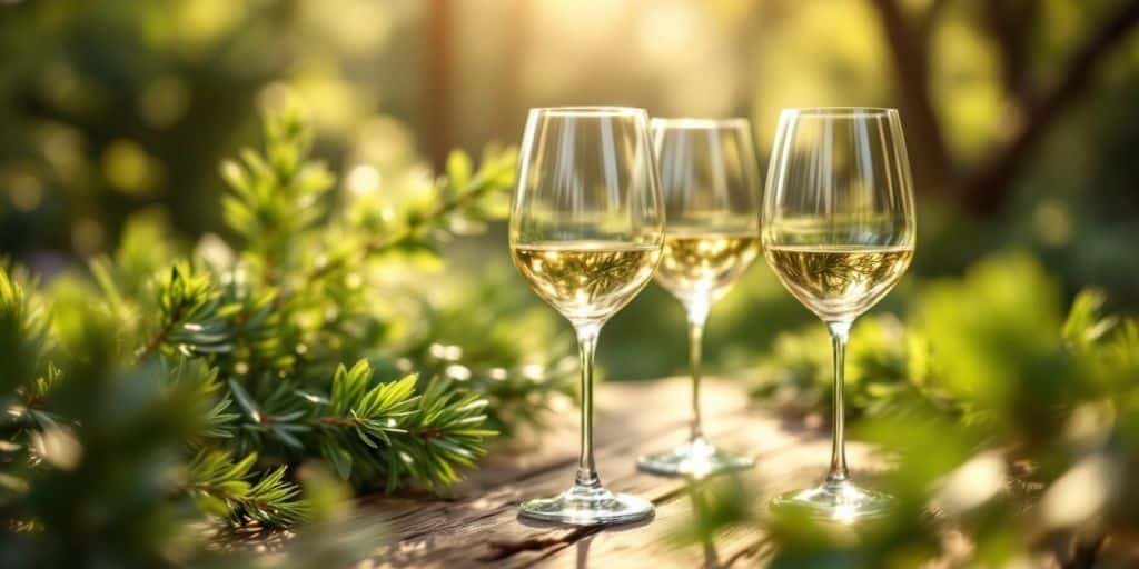 Eco-friendly pine needles wine glasses on a wooden table.